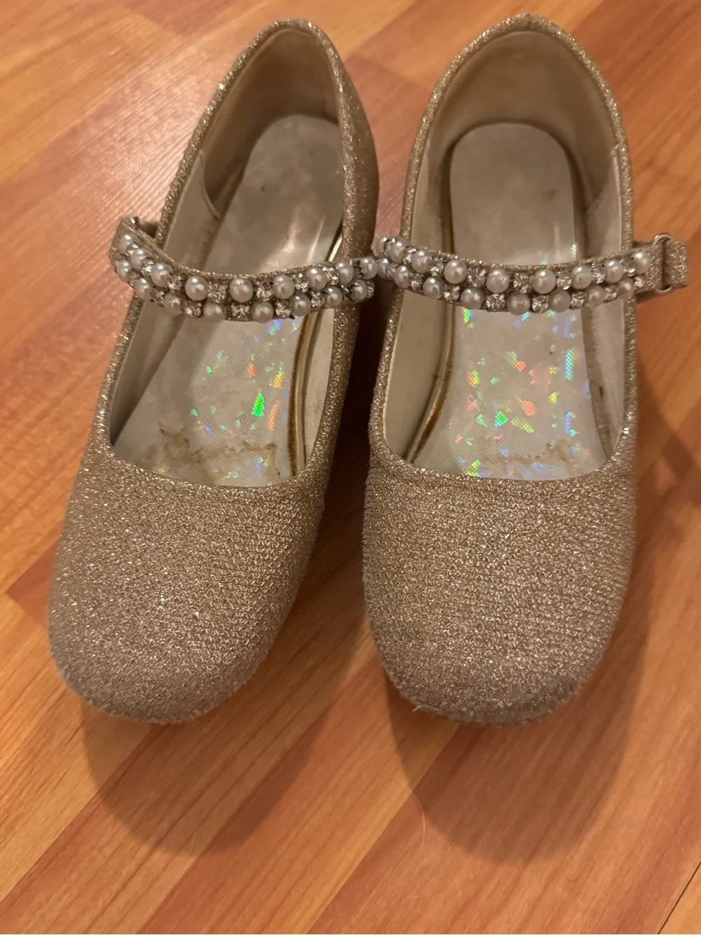Girls Gold Glitter Mary Jane Dress Shoes with Pearl Strap